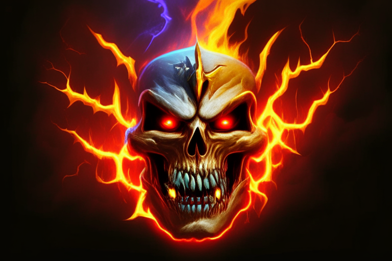 skeletor skull, eyes fire, lightning, with red and yellow electric fire, vampire fangs with blood