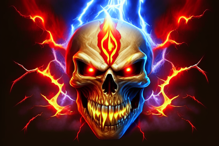 skeletor skull, eyes fire, lightning, with red and yellow electric fire, vampire fangs with blood