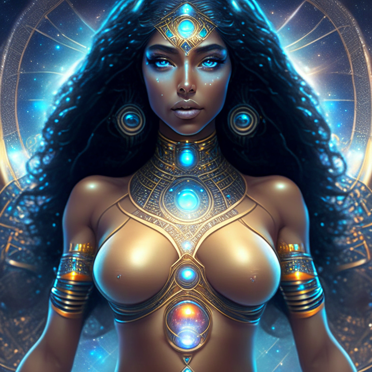 The universe becoming to a georgeous cosmic futuristic goddess with a perfect chest, perfect body, ethnic traits and beautiful eyes, all done with hard detail