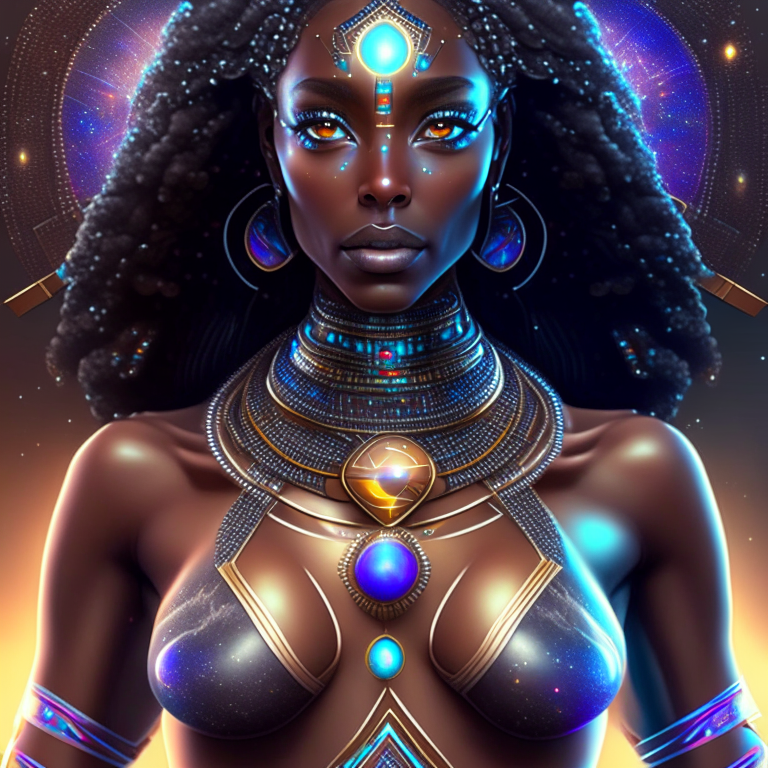 The universe becoming to a georgeous cosmic futuristic goddess with a perfect chest, perfect body, african ethnic traits and beautiful eyes, all done with hard detail