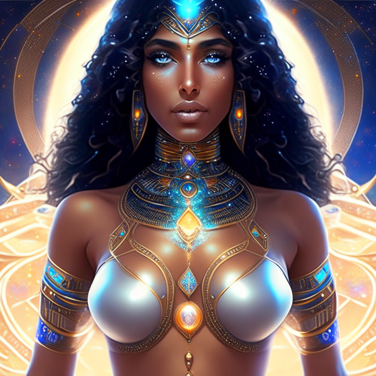 The universe becoming to a georgeous cosmic futuristic goddess with a perfect chest, perfect body, arab ethnic traits and beautiful eyes, all done with hard detail