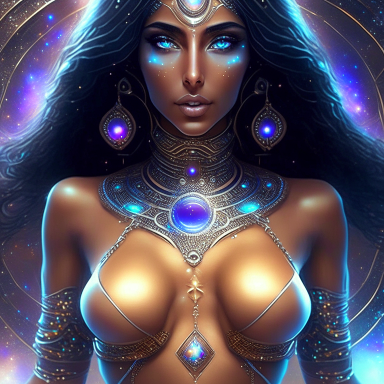 The universe becoming to a georgeous cosmic futuristic goddess with a perfect chest, perfect body, arab traits and beautiful eyes, all done with hard detail