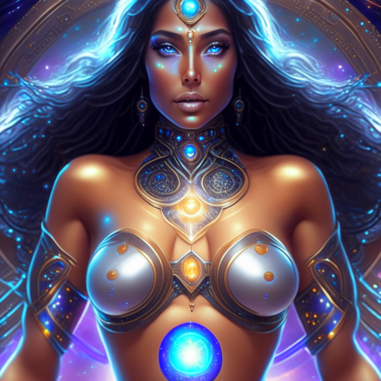 The universe becoming to a georgeous cosmic futuristic goddess with a perfect chest, perfect body, spanish traits and beautiful eyes, all done with hard detail