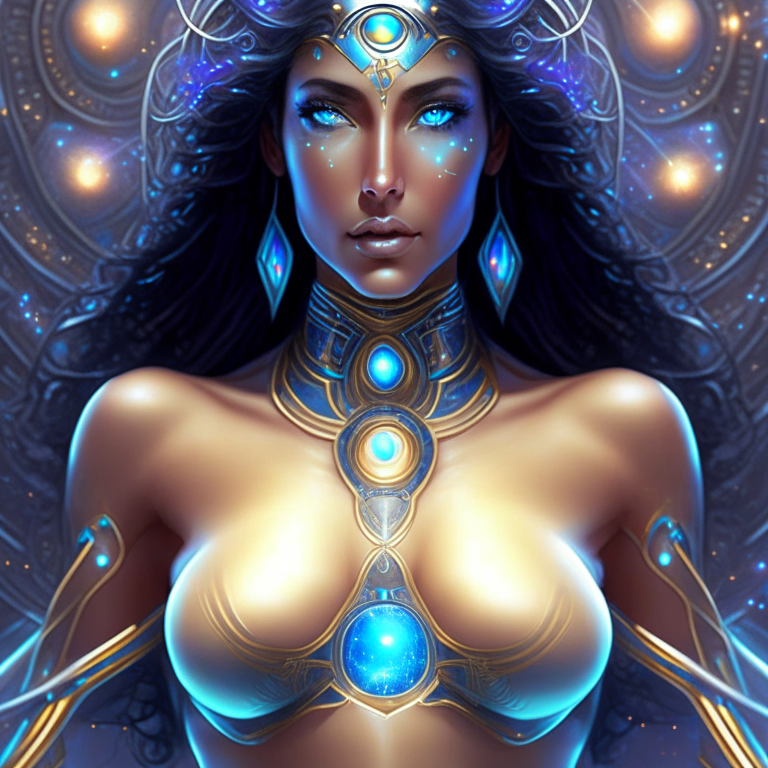 The universe becoming to a georgeous cosmic futuristic goddess with a perfect chest, perfect body, greek traits and beautiful eyes, all done with hard detail