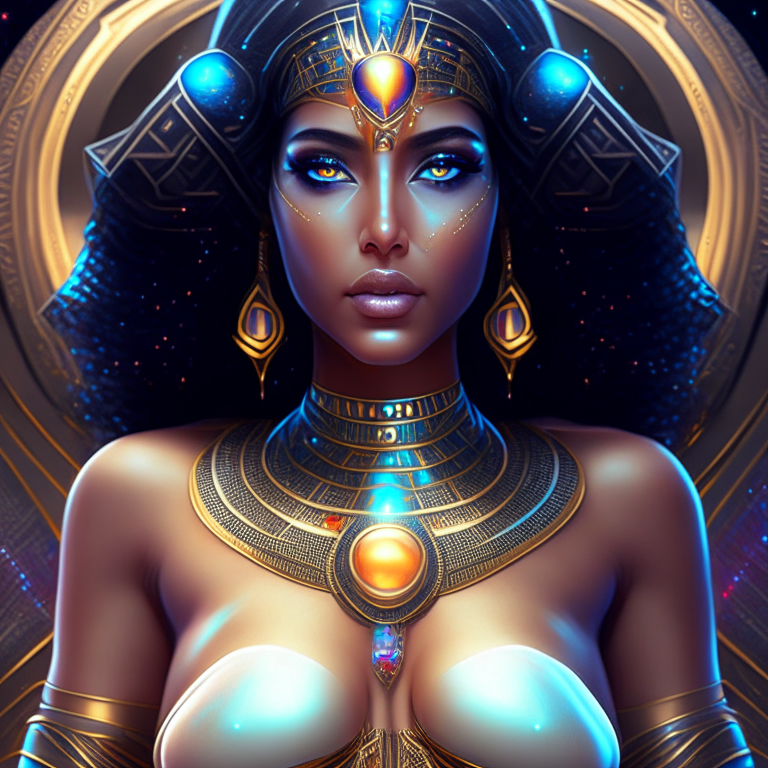 The universe becoming to a georgeous cosmic futuristic goddess with a perfect chest, perfect body, cleopatra traits and beautiful eyes, all done with hard detail