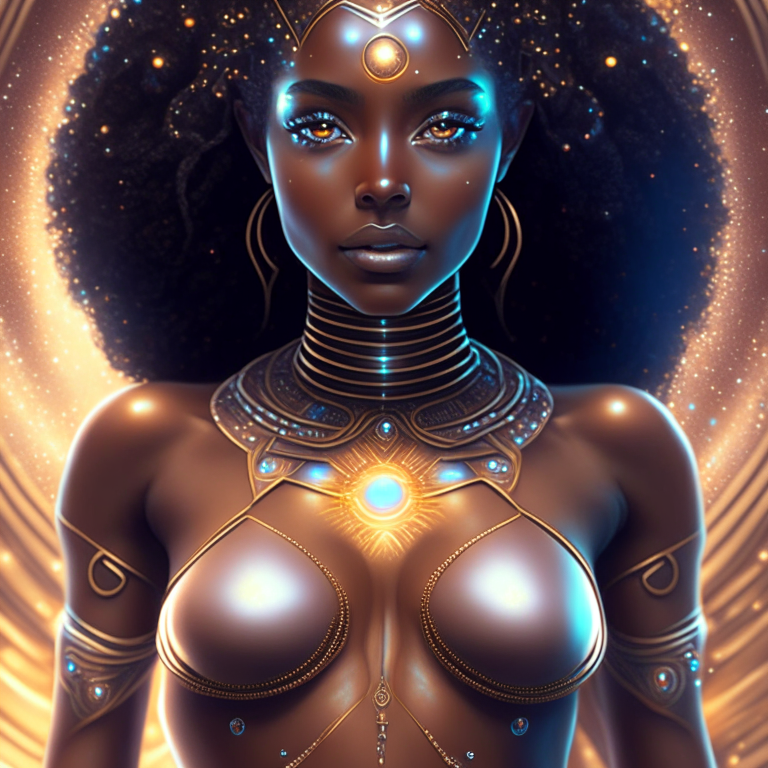 The universe becoming to a georgeous cosmic futuristic goddess with a perfect chest, perfect body, brown skin and beautiful eyes, all done with hard detail