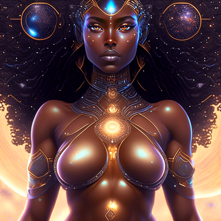The universe becoming to a georgeous cosmic futuristic goddess with a big chest, perfect body, brown skin and beautiful eyes, all done with hard detail