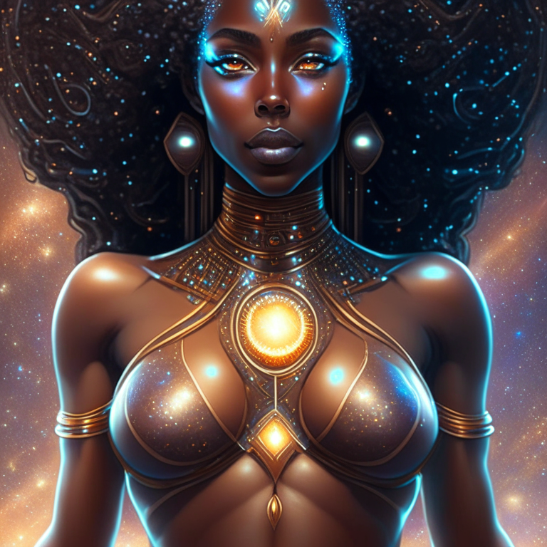The universe becoming to a georgeous cosmic futuristic goddess with a big chest, perfect body, brown skin and beautiful eyes, all done with hard detail