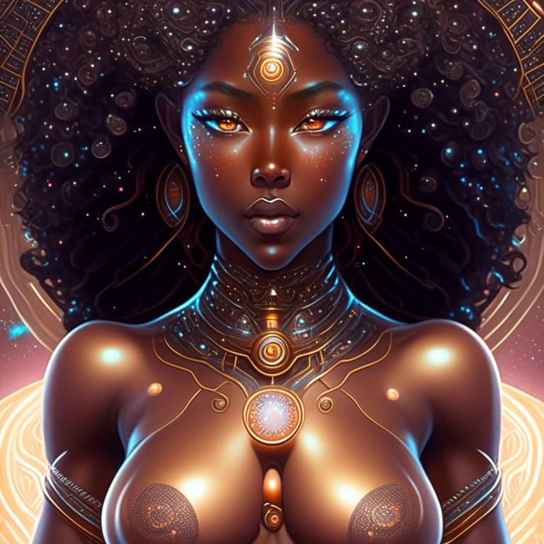 The universe becoming to a georgeous cosmic futuristic goddess with a big chest, perfect body, brown skin and beautiful japan eyes, all done with hard detail