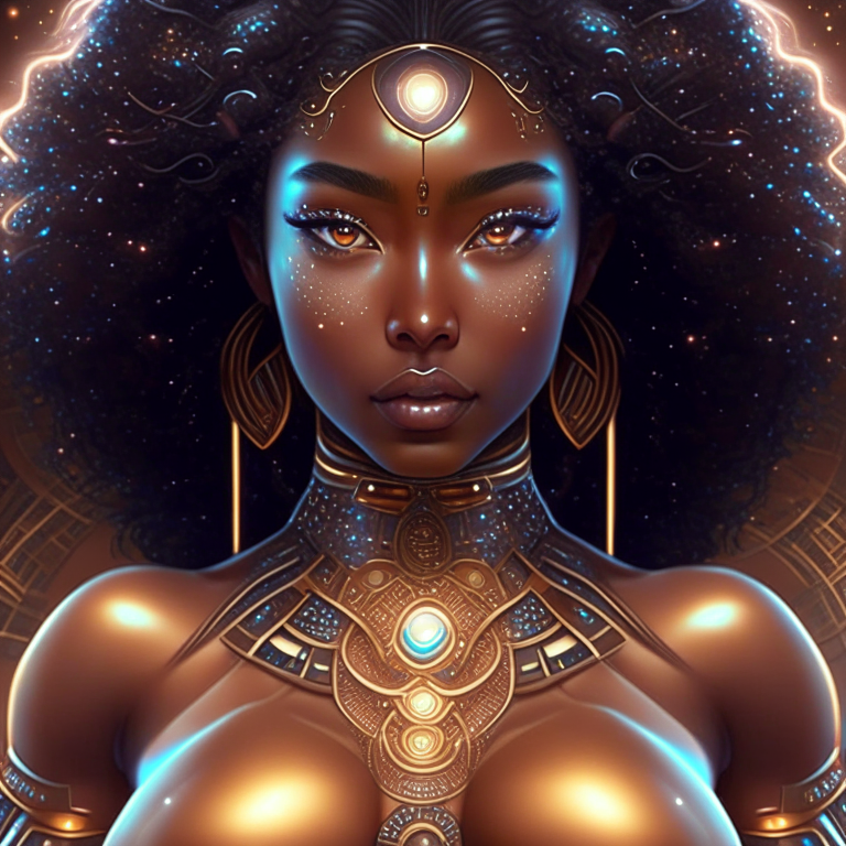 The universe becoming to a georgeous cosmic futuristic goddess with a big chest, perfect body, brown skin and beautiful japanese face and beautiful eyes, all done with hard detail