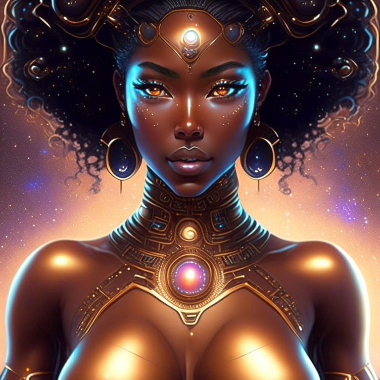 The universe becoming to a georgeous cosmic futuristic goddess with a the biggest chest, perfect body, brown skin and beautiful japanese face and beautiful eyes, all done with hard detail