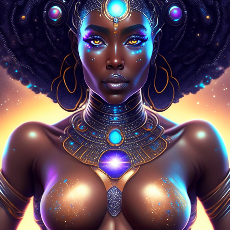 The universe becoming to a georgeous cosmic futuristic goddess with a the biggest chest, perfect body, nice skin and beautiful african face and beautiful eyes, all done with hard detail