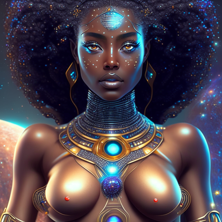The universe becoming to a georgeous cosmic futuristic goddess with a the bulky chest, perfect body, nice skin and beautiful african face and beautiful eyes, all done with hard detail