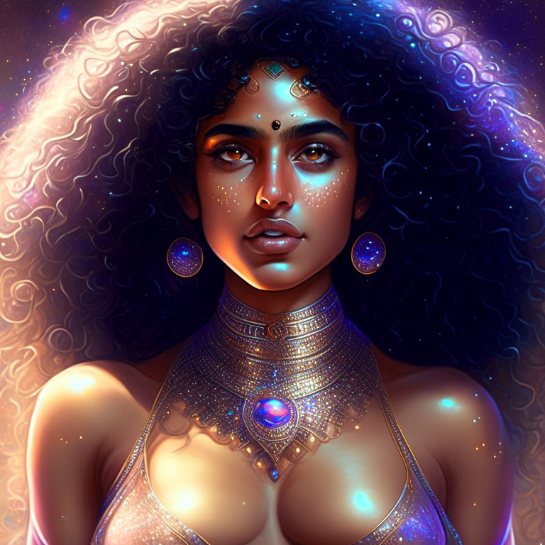 The universe becoming to a georgeous cosmic futuristic goddess with a the bulky chest, perfect body, nice skin and beautiful Indian Pakistan, curly hair intense, roundy face and beautiful eyes, all done with hard detail