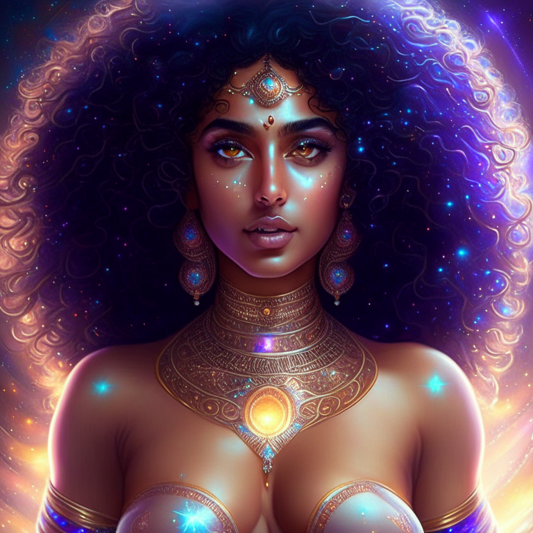 The universe becoming to a georgeous cosmic futuristic goddess with an important very big chest, perfect body, nice skin and beautiful Indian Pakistan, curly hair intense, roundy face and beautiful eyes, all done with hard detail