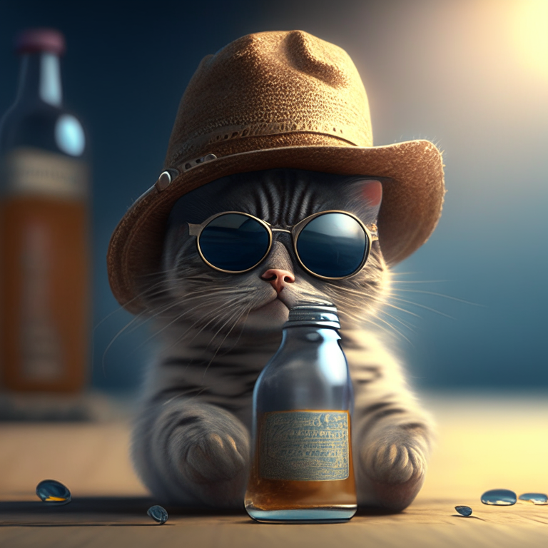 a cat wearing sunglasses and a hat inside a bottle, humor, octane render