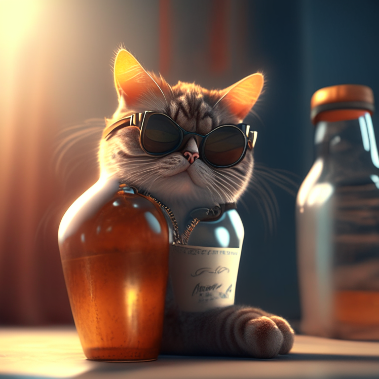 a cat wearing sunglasses inside a bottle, humor, octane render