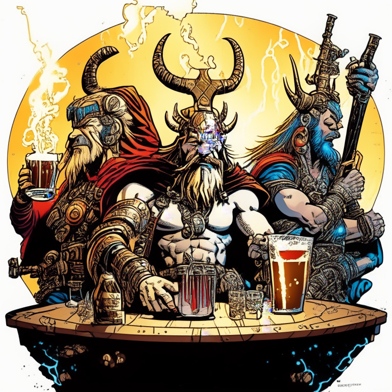 Norse God Thor, Hindu God Indra and Greek God Zeus hanging out drinking mead and having a blast in their spaceship, drawn in Todd McFarlane's artwork style. 