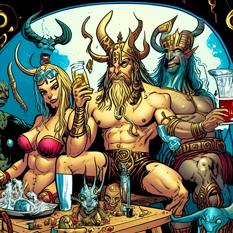 Norse God Thor, Hindu God Indra and Greek God Zeus hanging out drinking mead and having a party with alien chicks in bikini in their spaceship, drawn in Todd McFarlane's artwork style. 