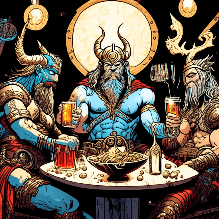 Norse God Thor, Hindu God Indra and Greek God Zeus hanging out drinking mead and having a party, in their spaceship, drawn in Todd McFarlane's artwork style. 