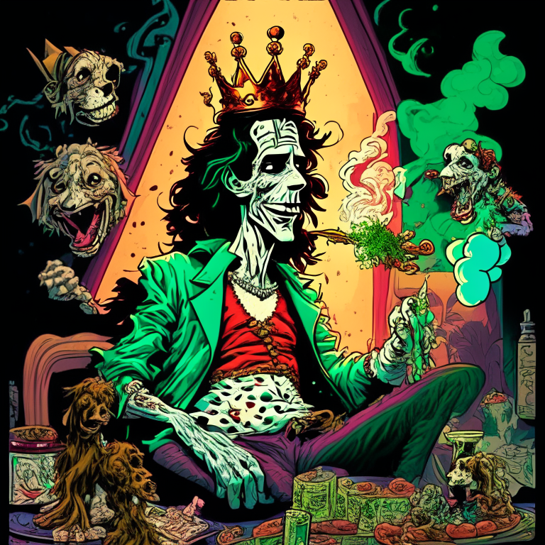 Generate a one of a kind artwork of the current King Charles smoking ganja and having a party, in an alternate universe , drawn in Todd McFarlane's artwork style. 