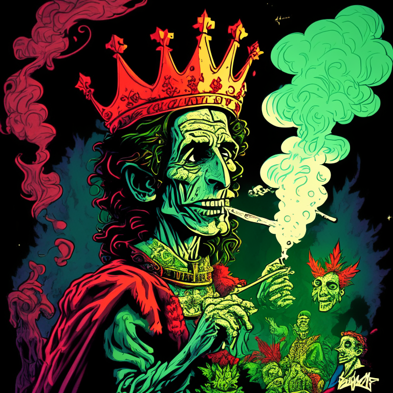 Generate a one of a kind artwork of King Charles III smoking ganja and having a party, in an alternate universe , drawn in Todd McFarlane's artwork style. 