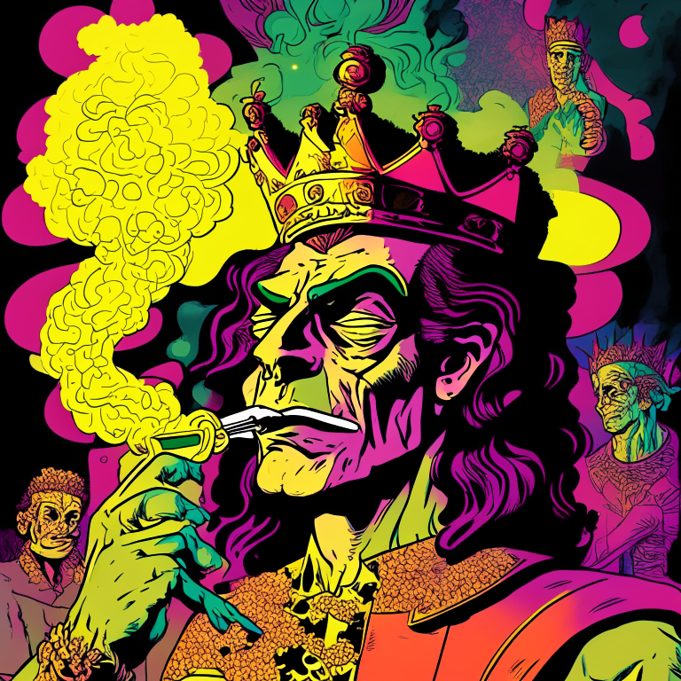 Generate a one of a kind artwork of King Charles III smoking ganja and having a party, in an alternate universe , drawn in Jack Kirby's artwork style. 