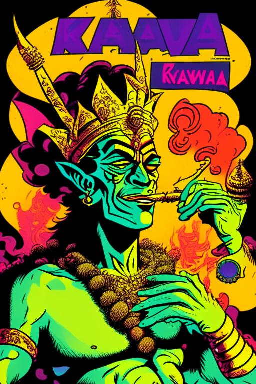 Generate a one of a kind artwork of King Ravanaa smoking ganja and having a party, in an alternate universe , drawn in Jack Kirby's artwork style. 