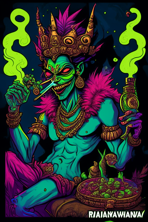 Generate a one of a kind artwork of King Ravanaa smoking ganja and having a party, in an alternate universe , drawn in Todd McFarlane's artwork style. 