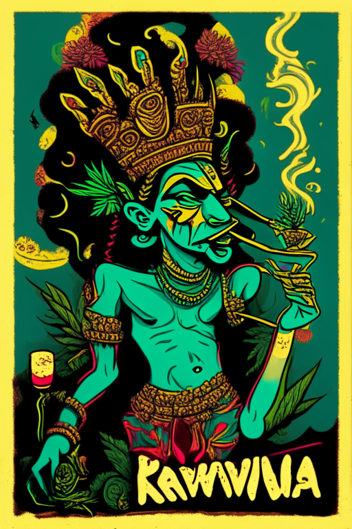 Generate a one of a kind artwork of King Ravanaa smoking ganja and having a party, in an alternate universe , drawn in Picassos artwork style. 