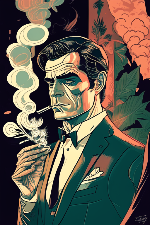 Generate a one of a kind artwork of James Bond smoking ganja and having a party, in an alternate universe , drawn in Steven Hughes's artwork style. 