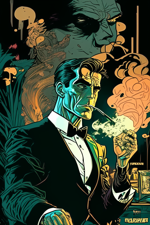 Generate a one of a kind artwork of James Bond smoking ganja and having a party, in an alternate universe , drawn in Todd McFarlane's artwork style. 