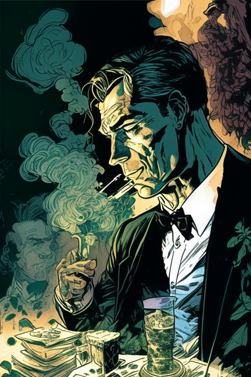 Generate a one of a kind artwork of James Bond smoking ganja and having a party, in an alternate universe , drawn in Jim Lee's artwork style. 