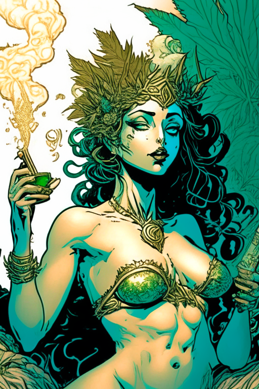 Generate a one of a kind artwork of Greek Goddess Hera in skimpy bikini smoking ganja and having a party, in an alternate universe , drawn in Jim Lee's artwork style. 