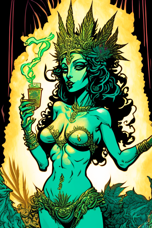 Generate a one of a kind artwork of Greek Goddess Hera in skimpy bikini smoking ganja and having a party, in an alternate universe , drawn in Todd McFarlane's artwork style. 