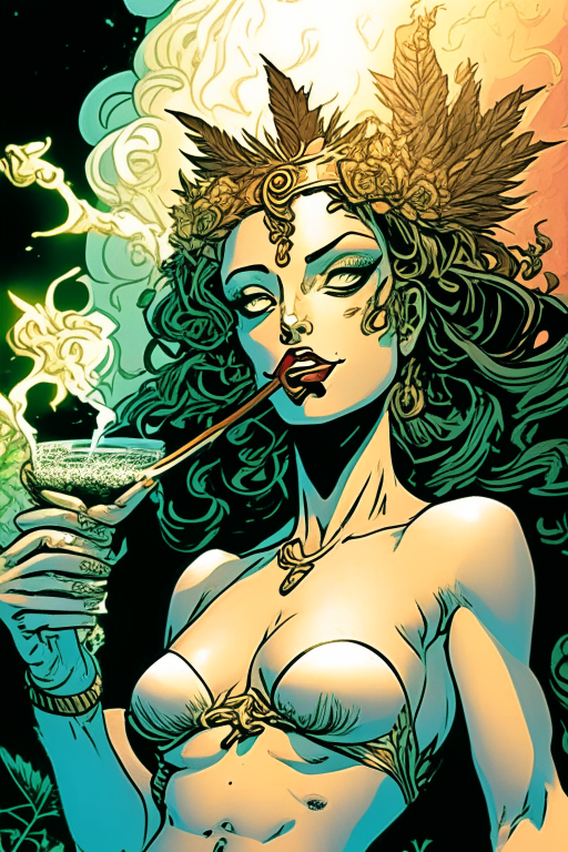 Generate a one of a kind artwork of Greek Goddess Hera in skimpy bikini smoking ganja and having a party, in an alternate universe , drawn in Andy Kubert's artwork style. 