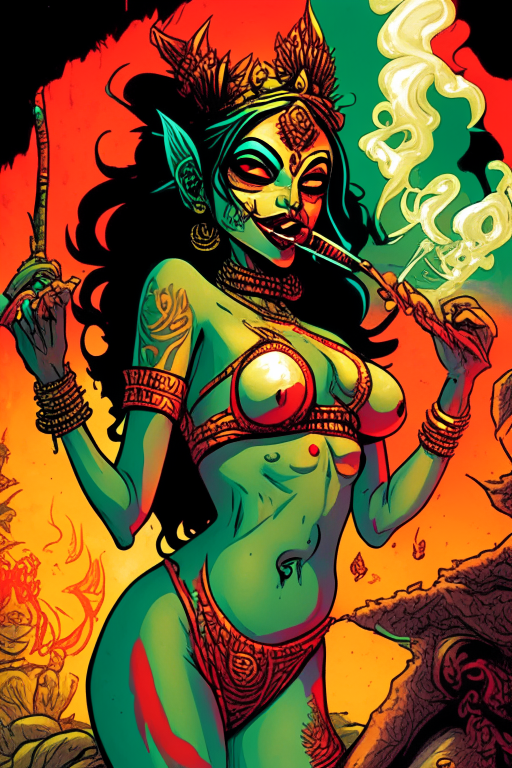 Generate a one of a kind artwork drawn in Andy Kubert's artwork style of Hindu Goddess Kali in skimpy bikini smoking ganja and having a party, in an alternate universe. 