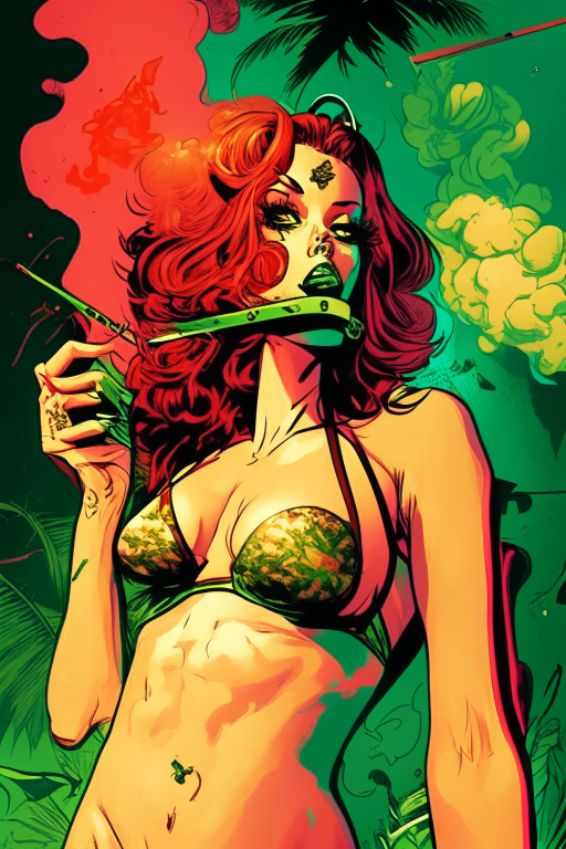Generate a one of a kind artwork drawn in Andy Kubert's artwork style of a female spy in skimpy bikini smoking ganja and having a party in an alternate universe for a movie poster. 