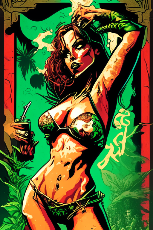 Generate a one of a kind artwork drawn in Todd McFarlane's artwork style for a movie poster of a female spy in skimpy bikini smoking ganja and having a party in an alternate universe. 
