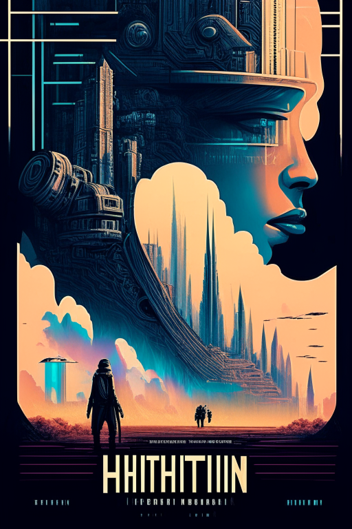 Generate a one of a kind artwork drawn in Steven Hughes's artwork style for a movie poster of a future human civilization in an alternate universe. 