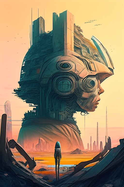 Generate a one of a kind artwork drawn in Steven Hughes's artwork style as realistic as possible of a future human civilization 50 years from 2023.