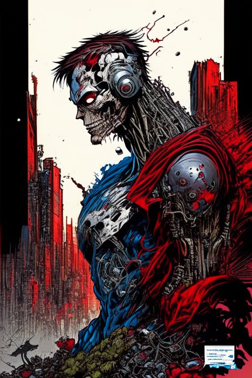 Generate a one of a kind artwork drawn in Todd McFarlane's artwork style as realistic as possible of a future human civilization 50 years from 2023.