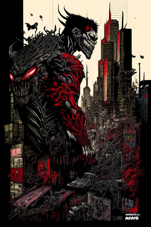 Generate a one of a kind artwork drawn in Todd McFarlane's artwork style as realistic as possible of a future Bangkok 50 years from 2023.