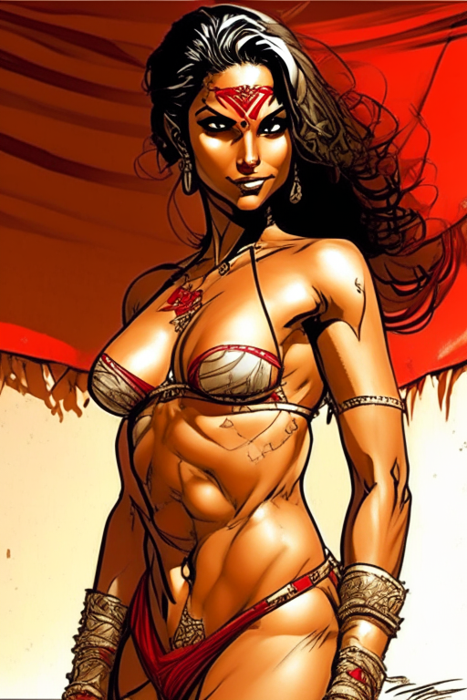 Generate a one of a kind artwork drawn in Todd McFarlane's artwork style as realistic as possible of a future Madras woman 50 years from 2023, in a skimpy saree concept bikini. 