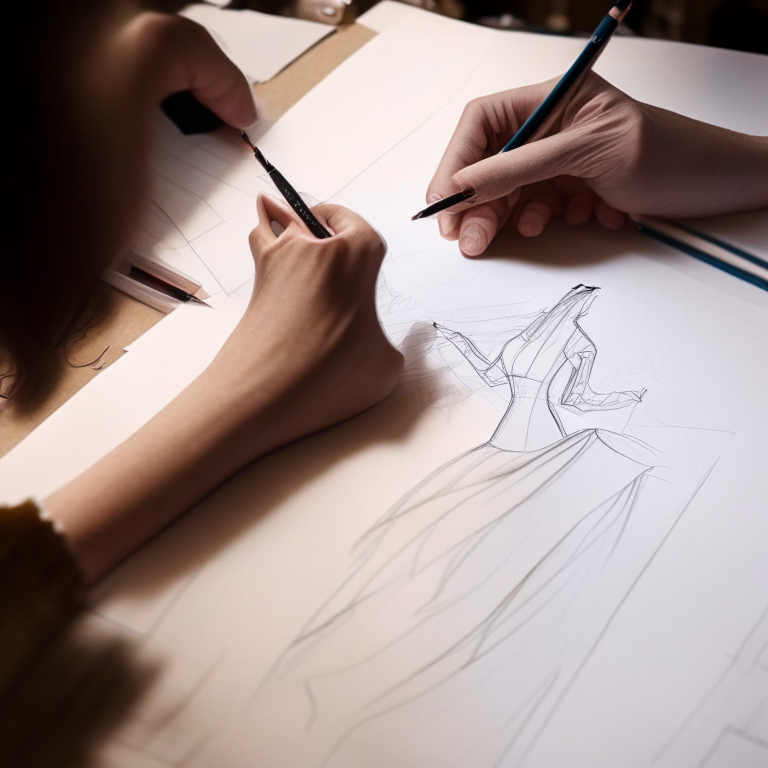 A close-up of a designer's hand sketching a dress on a piece of paper - we see the designer's hand moving the pencil across the page, with the sketch gradually taking shape. Use a Magic Wand