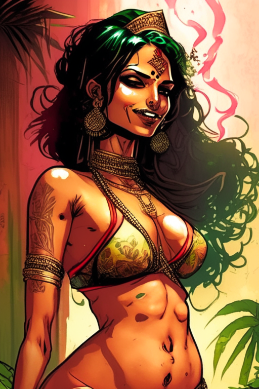 Generate a one of a kind artwork drawn in Todd McFarlane's artwork style as realistic as possible of a future Gujarati woman 50 years from 2023, in a skimpy saree concept bikini, smoking ganja and having a party. 