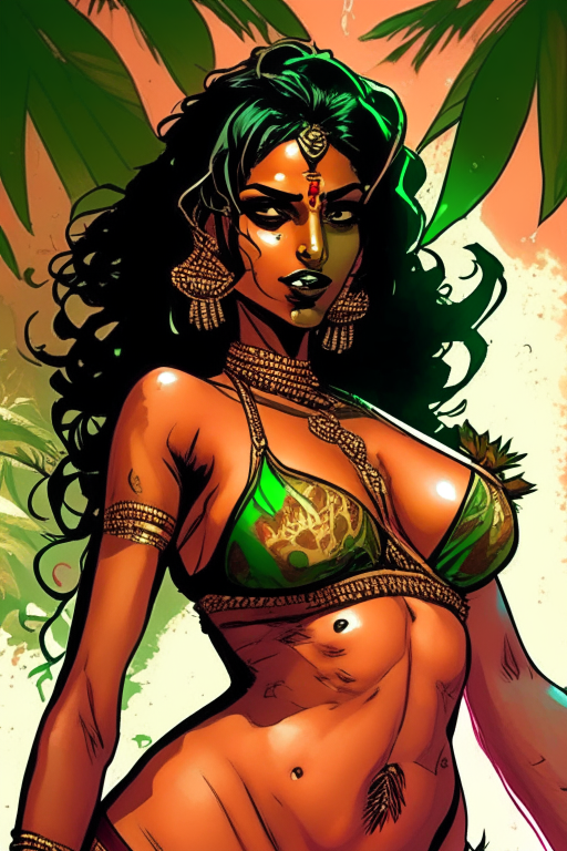 Generate a one of a kind artwork drawn in Todd McFarlane's artwork style as realistic as possible of a future Tamil woman 50 years from 2023, in a skimpy saree concept bikini, smoking ganja and having a party. 