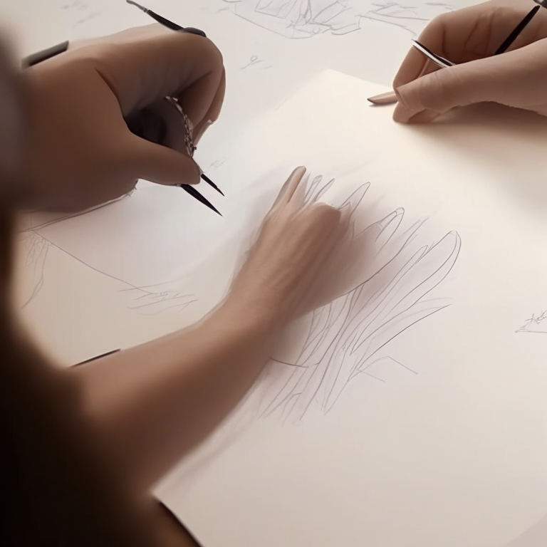 close-up video of a designer's hand sketching a dress on a piece of paper. We see the designer's hand moving the pencil across the page, with the sketch gradually taking shape.