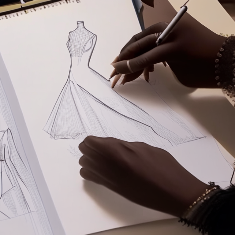 close-up video of a designer's black female's hand sketching a dress on a piece of paper. We see the designer's hand moving the pencil across the page, with the sketch gradually taking shape.