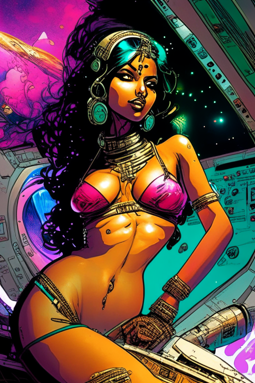 Generate a one of a kind artwork drawn in Todd McFarlane's artwork style as realistic as possible of a future Tamil woman in a skimpy saree concept bikini, smoking ganja and having a party in her spaceship cockpit looking out at the galaxy. 
